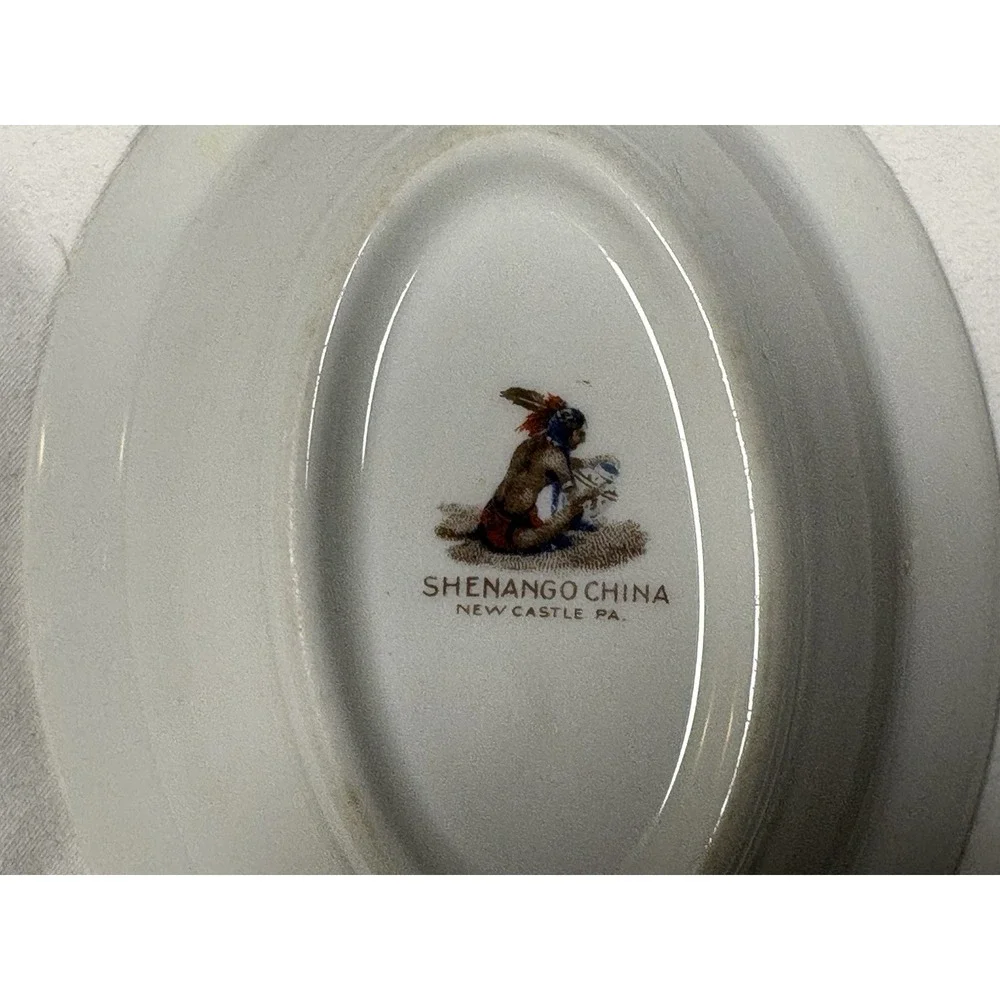 Vintage Shenango China Oval Restaurant Ware Berry Bowl Green Floral Peony Fence
